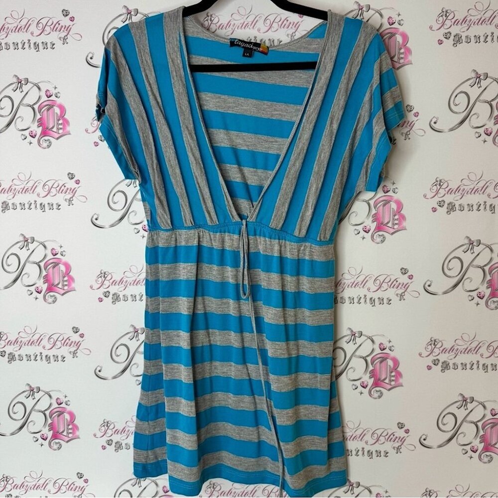 Lagaci sport top tshirt stripes tie up bow ribbon Blue and Gray Striped Top